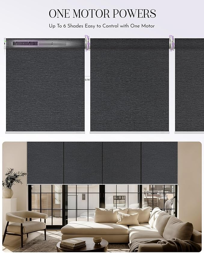 Graywind Smart Coupled Roller Shades Compatible with Alexa Google Custom Size Extra Large Motorized Blinds for Windows(Frequency Nero)