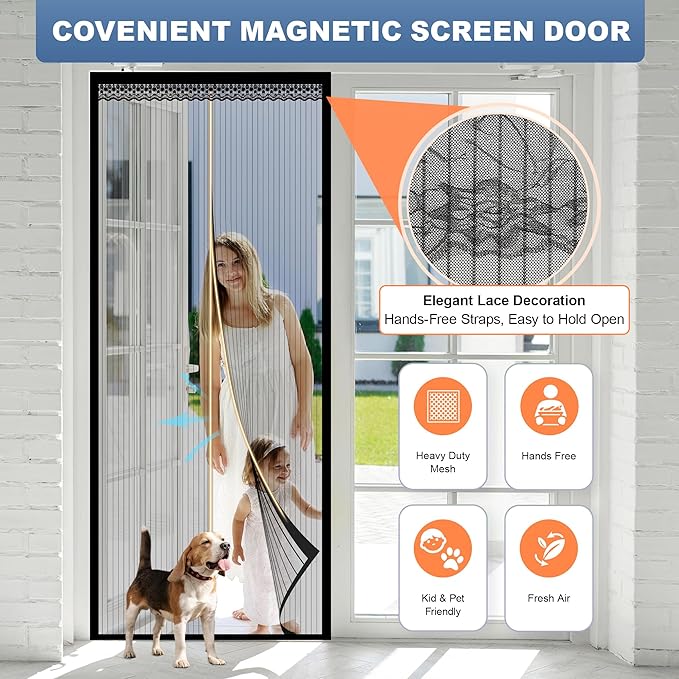 METAONLY Magnetic Screen Door Mesh Fits 36" x 82" Door - Curtain Size 38" x 83", Works for Patio, Sliding Door, Keeps Bug Mosquito Out, Fresh Air Flow, Black with Lace