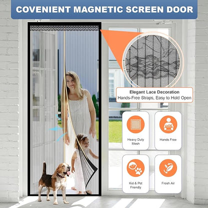 METAONLY Magnetic Screen Door Mesh Fits 30" x 80" Door - Curtain Size 32" x 82", Works for Patio, Sliding Door, Keeps Bug Mosquito Out, Fresh Air Flow, Black with Lace