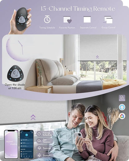 Graywind Motorized Roller Shade Compatible with Alexa Google 100% Blackout Rechargeable Smart Blinds Remote Control Battery Motor Cordless Window Shades, Customized Size (Pure White)