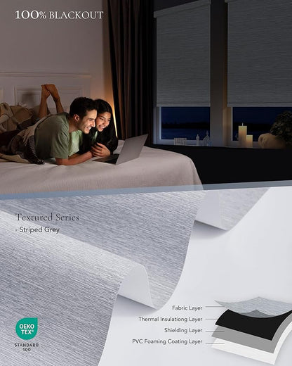 Motorized Blinds Compatible with Alexa Google Custom to 108" Width 100% Blackout Smart Blind Automatic Large Window Roller Shades Remote Control Striped Grey