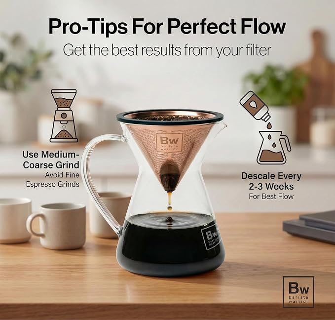 Barista Warrior Reusable Coffee Filter - Stainless Steel Pour Over Dripper, Compatible for Chemex, Hario V60 & Drippers, Easy to Clean Flavorful Brew Fine Mesh Coffee Filter - Copper