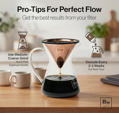 Barista Warrior Reusable Coffee Filter - Stainless Steel Pour Over Dripper, Compatible for Chemex, Hario V60 & Drippers, Easy to Clean Flavorful Brew Fine Mesh Coffee Filter - Copper