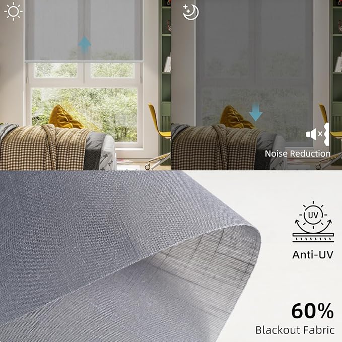 SmartWings Motorized Light Filtering Roller Shades 60% Blackout Work with Matter Homekit Alexa Z-Wave ZigBee SmartThings Google, Cordless with Remote Control, Twilight Veil