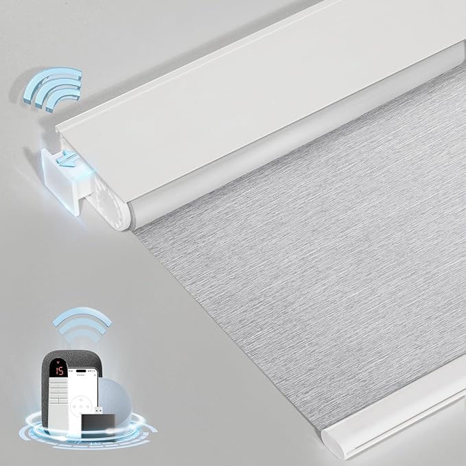 Smart Motorized Blinds with Remote, Cordless No-Drill Automatic Roller Shades, Blackout Electric Blind for Windows, Grey, 34.5 x 72