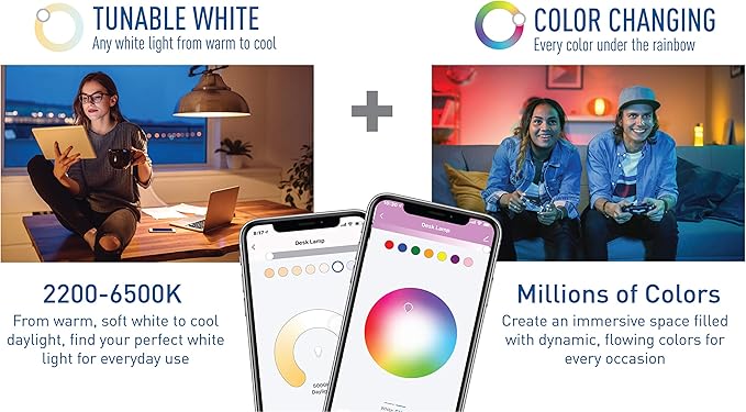 Cree Lighting Connected Max Smart Led Bulb A19 60W Tunable White + Color Changing, 2.4 Ghz, Compatible with Alexa and Google Home, No Hub Required, Bluetooth + WiFi, 6Pk
