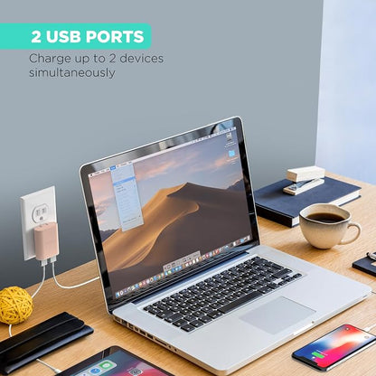 iHome Slim 2-Port USB Wall Charger, Flat Multiport Travel Plug Adapter | Dual USB-A ports, 2.4A Rapid Charge, Foldable Prongs, Slim Design, Compatible with iPhone, Android, iPad, AirPods for Home