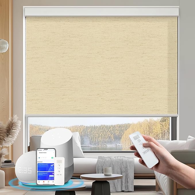 Motorized Blinds with Remote Cordless Automatic Motorized Shades Custom Blinds for Windows Smart Curtains Compatible with Alexa Google Home(Light Filtering Linen Soft Dunes,W22 x H72in)