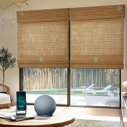 Yoolax Motorized Bamboo Roman Shades with Remote, Smart Roman Shades for Indoor Windows, Automatic Blinds Compatible with Alexa Google Home, Custom Size, Bamboo Wide Light Brown