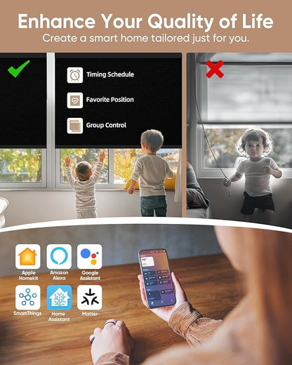 Motorized Blinds with Remote: Kincmo 100% Blackout Roller Shades Work with Apple Homekit,Alexa,Google Home, Customized Electric Blinds with App,Voice Control (100% Blackout Vinyl Black)