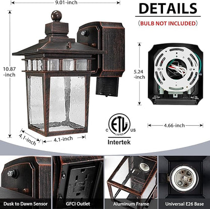 2 Pack Outdoor Light with GFCI Outlet,Antique Black and Bronze Gold Dusk to Dawn Porch Lights Outdoor Wall Light Fixture with Outlet,Aluminum Exterior Lighting Fixtures,Outside Lights for House