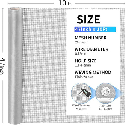 304 Stainless Steel Mesh, 47in x 10ft, 20 Mesh, Sturdy Metal Screen Roll for Window, Door, Air Vents, Filter, Cage, Garden, Patio, Pet (Sliver, 47inch x 10feet)