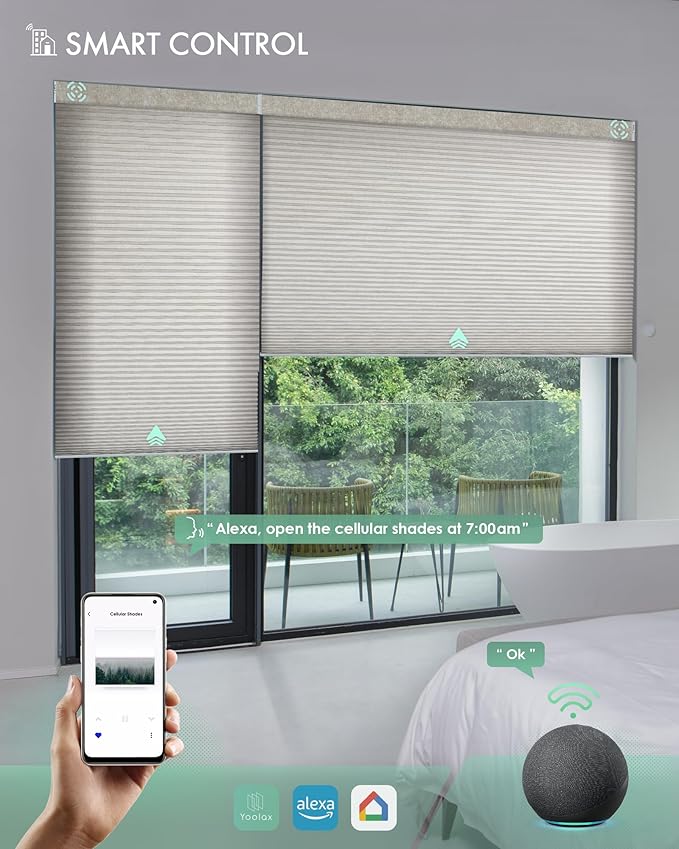 Yoolax Motorized Cellular Shades Compatible with Alexa, Light Filtering Motorized Blinds with Remote Smart Honeycomb Shades for Indoor Windows, Automatic Blinds Custom Size (Texture Light Coffee)