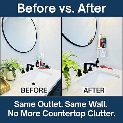 Power Perch Horizontal Outlet Shelf Organizer for Alexa Echo Dot Speakers, Phone - Wall Outlet Holder with Cord Storage Strap - Socket Shelf Bathroom Kitchen Counter Charging Station - Almond 2 Pack