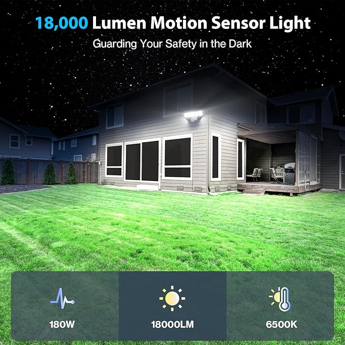 Olafus 18000LM Ultra Bright Motion Sensor Outdoor Lights, 5 Heads Flood Light, IP65 Waterproof LED Security Light, 6500K Dusk to Dawn Outdoor Lighting for Large Outdoor Areas Garage, Backyard, White