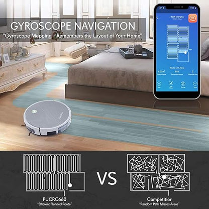 PureClean Smart Gyroscope Robot Vacuum Cleaner - Multiroom Navigation Mobile App Control and Alexa Compatible - Auto Charge Dock, 3 Step Air Filter - Cleans Hardwood and Carpet Floor PUCRC660