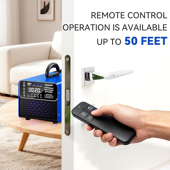 Cordless Ozone Generator with 2X 5000mAh Battery & Quick Charger, 24V Professional Grade Ozone Machine, Deodorizer, With Remote Control, Suitable for Large Room，Blue