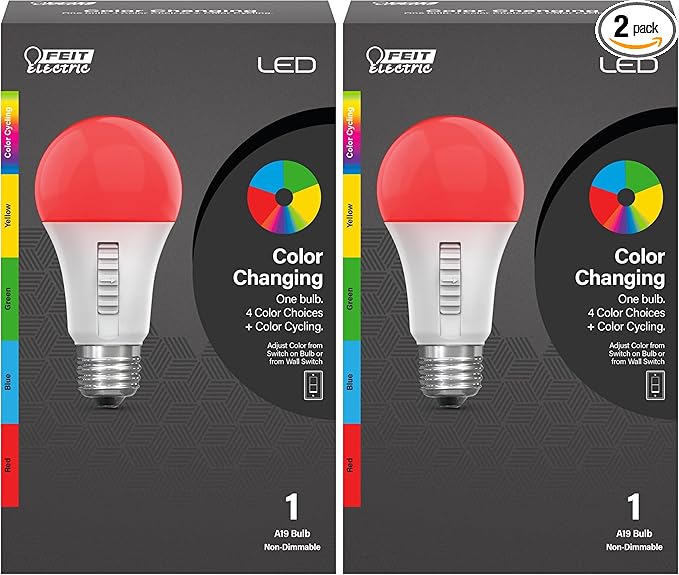 Feit Electric LED Color Changing Light Bulb - A19 with an E26 Medium Base Light Bulb - 60W Equivalent - 15 Year Life (Pack of 2)