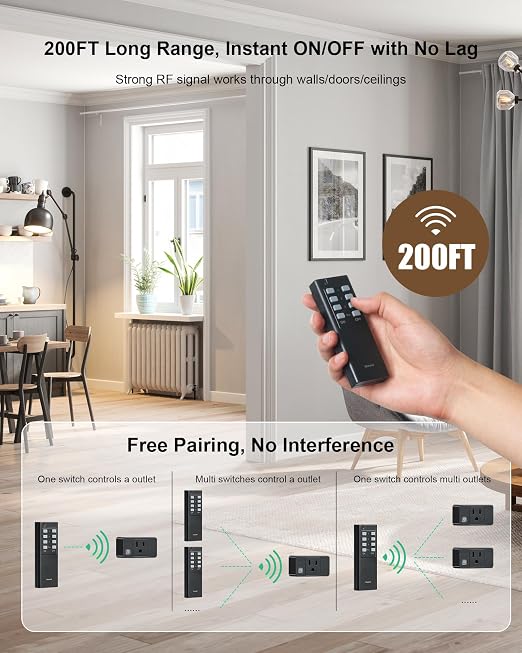 Remote Control Outlet with All On/Off Switch, 200FT Range, Black