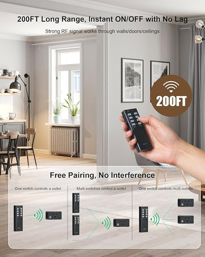 Remote Control Outlet with All On/Off Switch, 200FT Range, Black