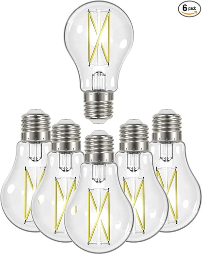 Satco Dimmable LED Filament A19 Light Bulbs, 8 Watt, 800 Lumens, 4000K Cool White, 90+ CRI, Clear Finish, E26 Medium Base, 120 Volt, Dimmable, Wet Location, Residential & Commercial, 6 Pack