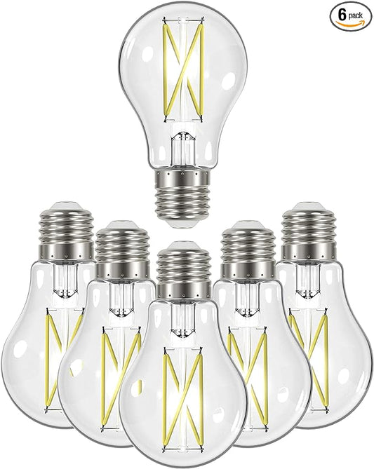 Satco Dimmable LED Filament A19 Light Bulbs, 8 Watt, 800 Lumens, 4000K Cool White, 90+ CRI, Clear Finish, E26 Medium Base, 120 Volt, Dimmable, Wet Location, Residential & Commercial, 6 Pack