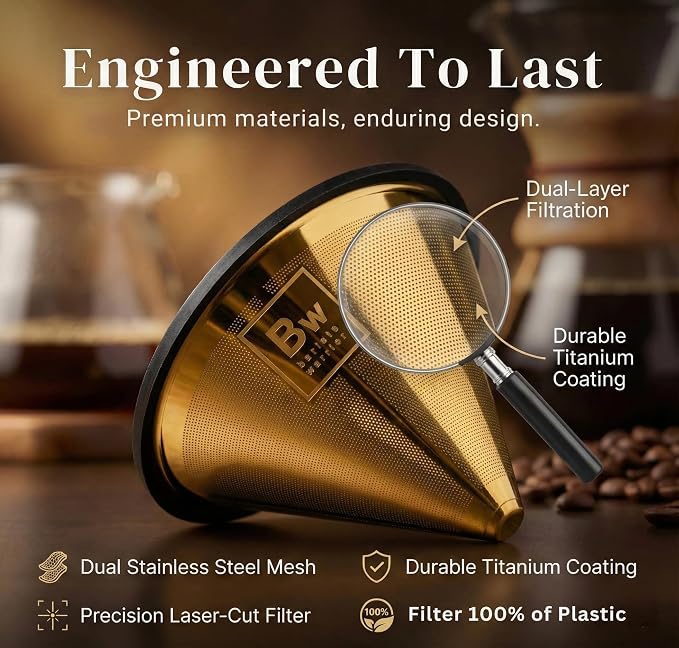 Barista Warrior Reusable Coffee Filter - Stainless Steel Pour Over Dripper, Compatible for Chemex, Hario V60 & Drippers, Easy to Clean Flavorful Brew Fine Mesh Coffee Filter - Gold