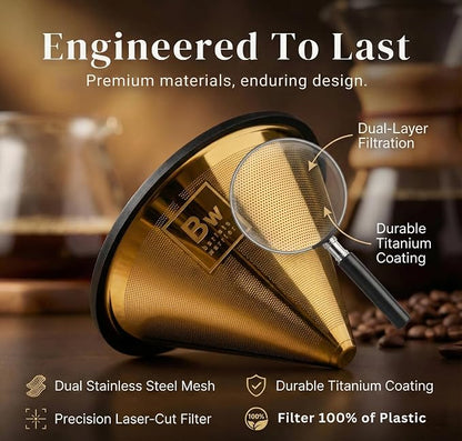 Barista Warrior Reusable Coffee Filter - Stainless Steel Pour Over Dripper, Compatible for Chemex, Hario V60 & Drippers, Easy to Clean Flavorful Brew Fine Mesh Coffee Filter - Gold