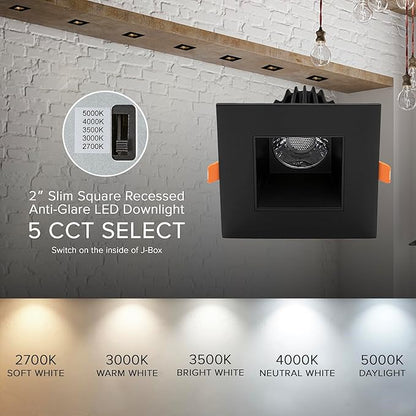 Maxxima 2 in. Ultra-Thin Recessed Anti-Glare LED Downlight - Canless IC Rated, 450 Lumens, 5 Color Temperature Selectable 2700K/3000K/3500K/4000K/5000K, Dimmable Square Black Trim, 90 CRI