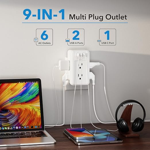 BN-LINK Multi Plug Outlet, 6 Wall Outlet Extender with 3 USB Charging Ports (1 USB C) Total 3.4A, 3-Sided Outlets Splitter Multiple Outlet Wall Plug for Home Office Dorm Room