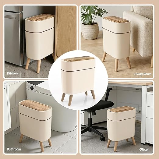 suyika Automatic Trash Can, 2.6 Gallon/10L Bathroom Trash Can with Lid - Wood Grain Lid and Legs, Touchless Waterproof Garbage Bin for Bedroom, Bathroom, Office, Living Room