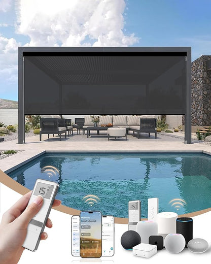 Kincmo Motorized Outdoor Shades for Patio Porch, Custom Outdoor Motorized Blinds with Remote, Waterproof & Windproof Patio Shades Work with Apple Homekit,Alexa,Google (1% Openness Dark Grey)