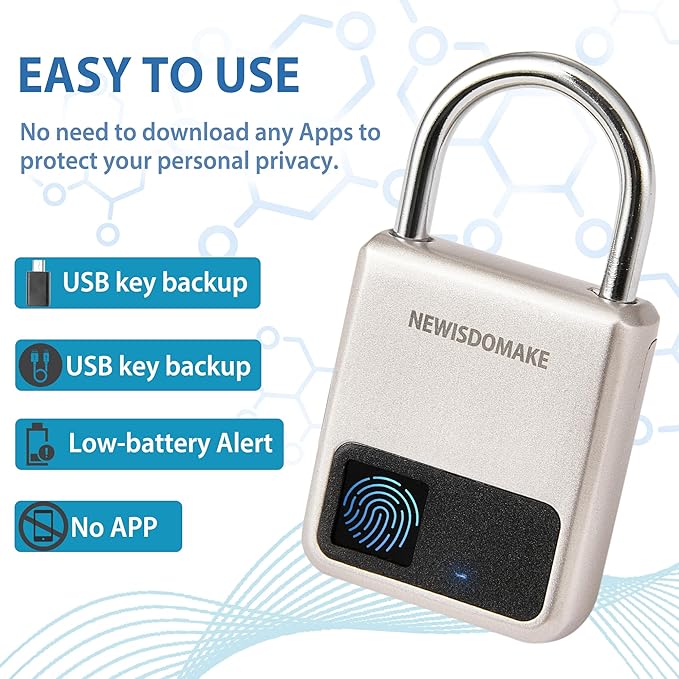 Fingerprint Padlock, Smart Padlock with USB Charging Support, Fingerprint Lock, Biometric Lock Suitable for Luggage, Bookcase, Suitcase, Backpack, Bike, School Locker, Gym Locker Lock(Gold)
