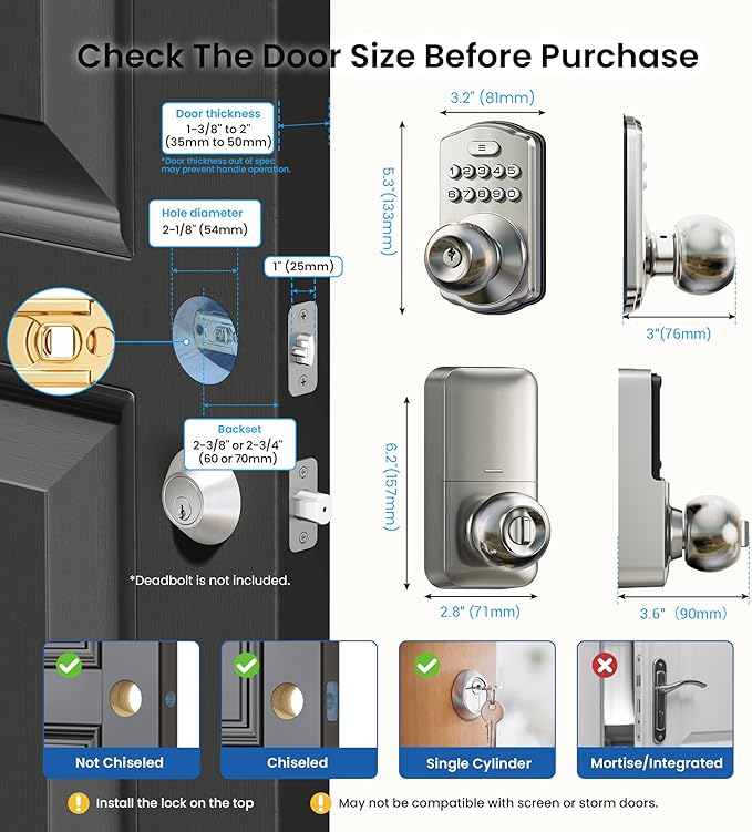Veise Keypad Door Knob Lock, Keyless Entry Digital Lock with Handle, Electronic Smart Knob for Front Door & Bedroom, Easy Install, Auto Lock, Passage Mode, Anti-Peeping Password, Satin Nickel