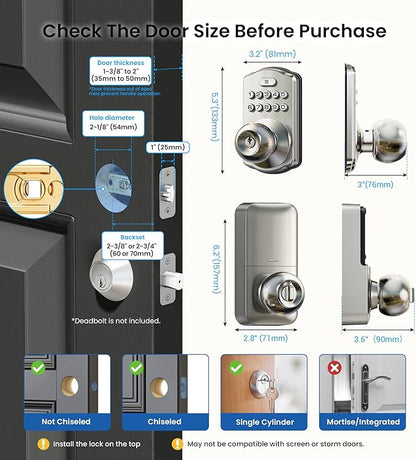 Veise Keypad Door Knob Lock, Keyless Entry Digital Lock with Handle, Electronic Smart Knob for Front Door & Bedroom, Easy Install, Auto Lock, Passage Mode, Anti-Peeping Password, Satin Nickel