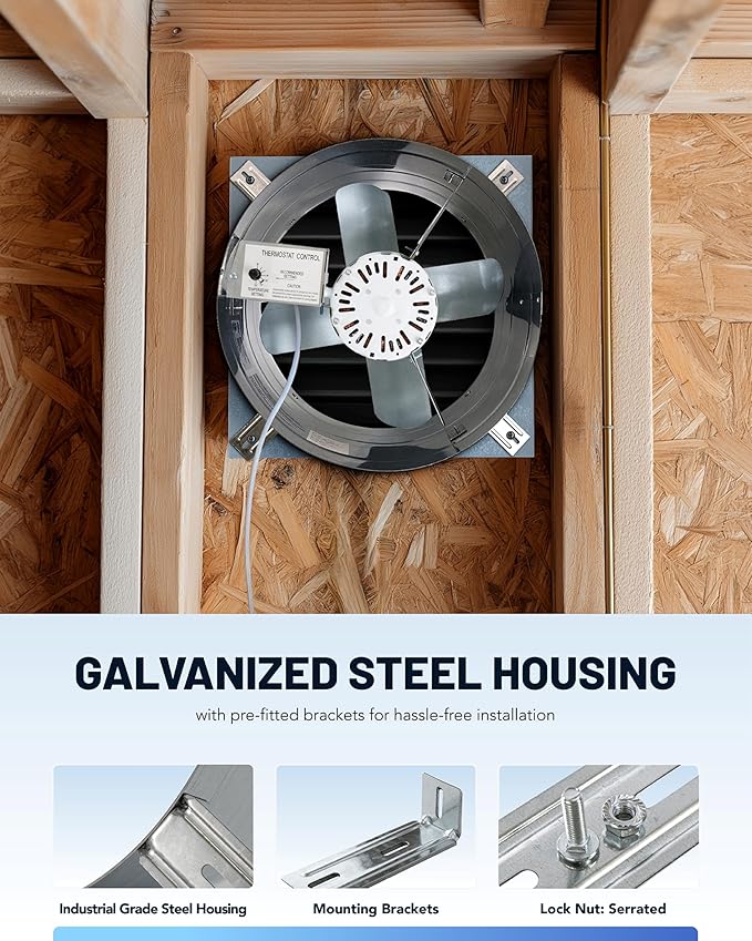 iLiving ILG8G14-12T Automatic Gable Mount Attic Ventilator Fan with Adjustable Thermostat, 2.85 Amp, 2339 CFM, Single-Speed