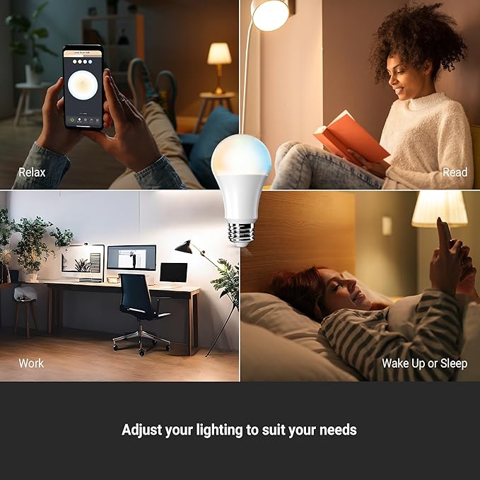 Leona Smart Light Bulbs, LED, Tunable White 2700K-6500K, 9W, 800 Lumens, WiFi, Dimmable, A19, E26 Base, Compatible with Alexa & Google Home (4-Pack)