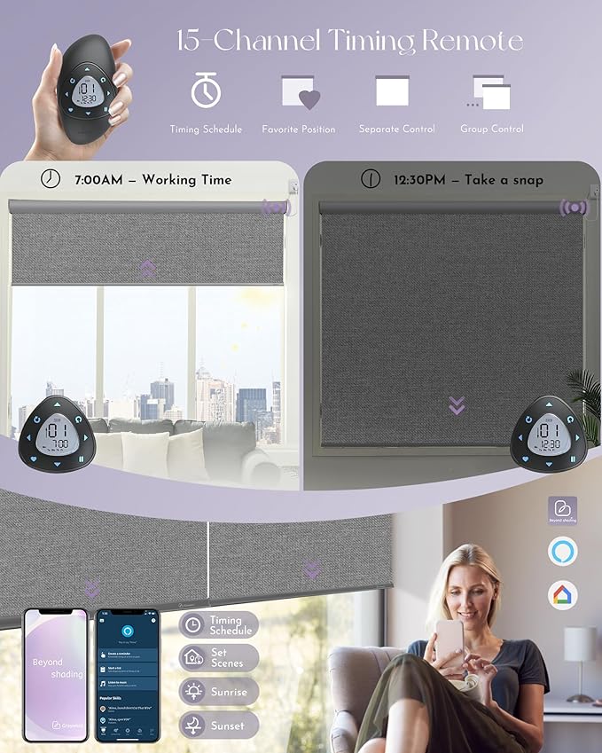Graywind Motorized Roller Shade 100% Blackout Work with Alexa Google Textured Fabric Remote Control Hardwired Window Shades Window Blinds, Customized Size (Weaving Cloud)