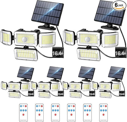 CLAONER Solar Outdoor Lights Motion Sensor 3500LM 288 LED Solar Security Lights with Remote Control IP67 Waterproof 4 Heads Flood Lights with 16.4ft Cable 4 Modes Wall Lights(6 Pack)