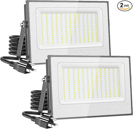 Onforu 200W Flood Lights Outdoor,19000lm Bright LED Work Light with Plug,Daylight White LED Flood Lighting,IP66 Waterproof Security Yard Lights for Yard Garage Stadium 2 Pack