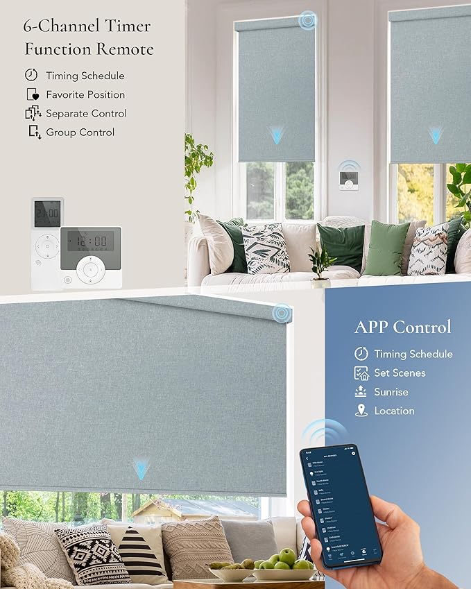 Motorized Blinds Compatible with Alexa Google Custom to 108" Width 100% Blackout Smart Blind Automatic Large Window Roller Shades Remote Control Fabric Light Blue