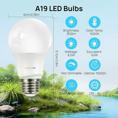 Consciot A19 LED Light Bulb,60W Equivalent,8.5W 3000K Warm White,E26 Base,800 Lumens Non-Dimmable,Energy Efficient LED Light Bulbs,UL Listed for Home Lighting,24-Pack