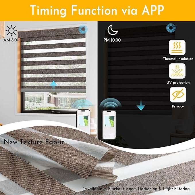 Persilux No Drill Motorized Zebra Blinds with Remote, Automatic 65% Blackout Smart Zebra Shades, Dual Layer Privacy, Linen Fabric, Flint, RS2255-5