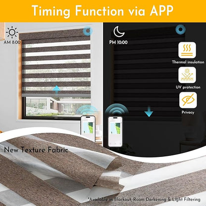 Persilux No Drill Motorized Zebra Blinds with Remote, Automatic 65% Blackout Smart Zebra Shades, Dual Layer Privacy, Linen Fabric, Flint, RS2255-5