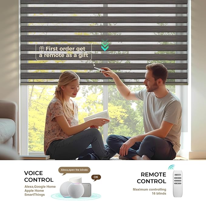 HeyBlinds Motorized Zebra Blinds with Remote, Smart Cordless Electric Zebra Shades for Indoor Windows Compatible with Alexa Google & Homekit, Custom Size (Flourish-Espresso BO)