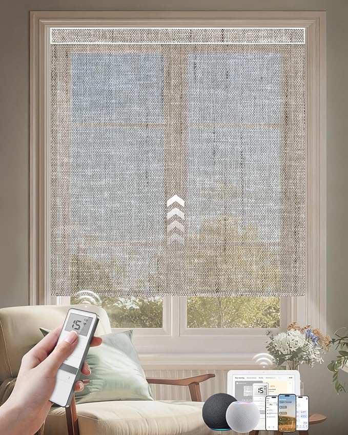 Kincmo Motorized Blinds with Remote, Light Filtering Roller Shades Work with Apple Homekit,Alexa,Google Home, Custom Electric Blinds with App,Voice Control (50% Blackout Sheer Brown)