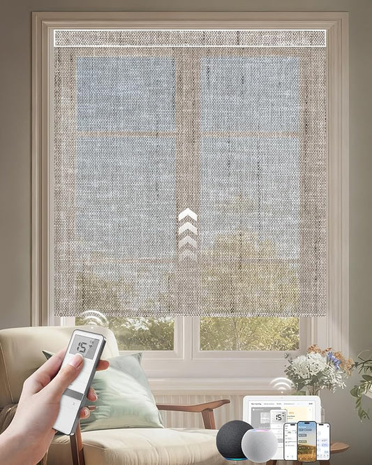 Kincmo Motorized Blinds with Remote, Light Filtering Roller Shades Work with Apple Homekit,Alexa,Google Home, Custom Electric Blinds with App,Voice Control (50% Blackout Sheer Brown)