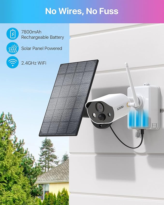 ZOSI C306 Pro 3MP 2K Wireless Solar Security Camera Outdoor - Battery/Solar Powered, Color Night Vision, PIR Motion Detection, Spotlight Alarm,Cloud/Memory Card Storage (No Memory Card Included)