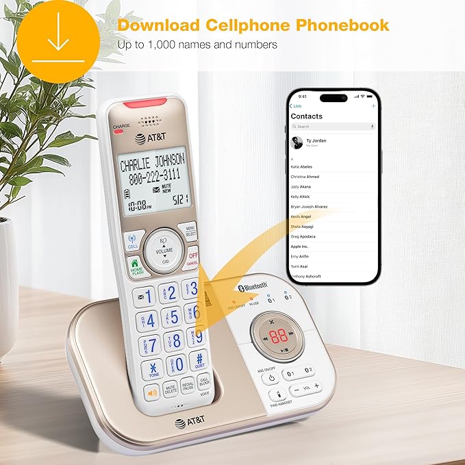 AT&T BL3112-3 3-Handset DECT 6.0 Cordless Phone for Home with Bluetooth Connect to Cell, Smart Call Blocker, Answering Machine, Caller ID, Expandable up to 5 Handsets, Champagne Gold/White