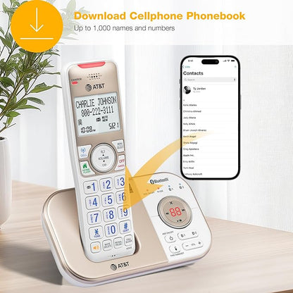 AT&T BL3112-2 2-Handset DECT 6.0 Cordless Phone for Home with Bluetooth Connect to Cell, Smart Call Blocker, Answering Machine, Caller ID, Expandable up to 5 Handsets, Champagne Gold/White